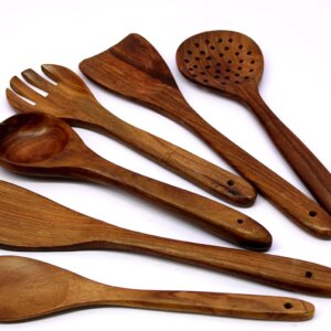 KLEO - Wooden Spoons, Spatula & Salad Turner Set | Serving Ladles | Cutlery Set | Baking Spoons - Set of 6