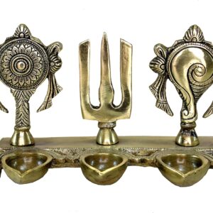 eSplanade Brass Shankh Chakra Namah Diya Showpiece | Shankha Chakra Tilak | Shankha Gada Padma | Padmanabha Swami | Vishnu | Home Decor - 8.8" Inches