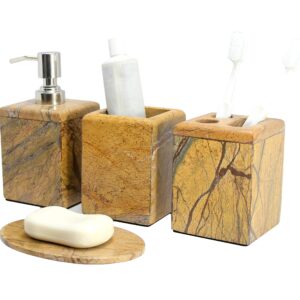 KLEO - Bathroom Accessory Set Made from Natural Stone - Bath Accessories Set of 4 includes Soap Dispenser, Toothbrush Holder, Tumbler and Soap Dish (Brown)