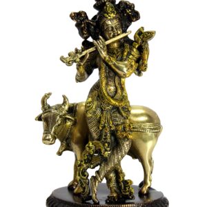 eSplanade Brass - Krishna with Cow Krishan Kishan Murti Idol Statue Sculpture | Pooja Idols | Home Decor -10" Inches - Golden Brown