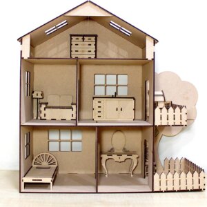 StonKraft Wooden 3D Puzzle Doll House - Home Decor, Construction Toy, Modeling Kit, School Project - Easy to Assemble (Doll House with furniture)