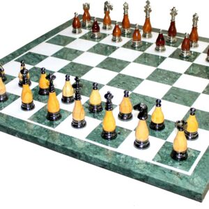 StonKraft Collectible Green Marble Chess Board Set + Brass Wooden Combo Pieces Pawns - Decorative Stone Chess - Home Decor - 20" Inches