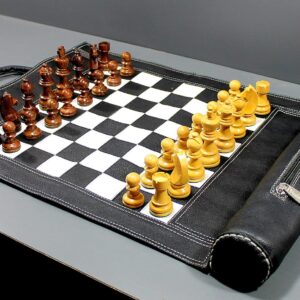 StonKraft - 19" x 15" (Playing area 12" x 12") Genuine Roll-Up Leather Chess Set - with Wooden Chess Pieces - Black Colour | Comes with Innovative Carry Pouch