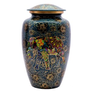 eSplanade Metal Cremation Urn Memorial Jar Pot Container | Full Size Urn for Funeral Ashes Burial | Elephant and Flowers Printed Metal Urn | Blue-Multi - 10" Inches