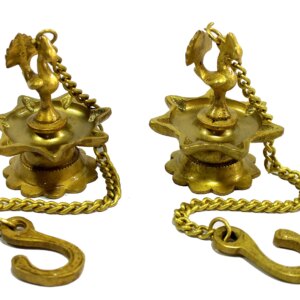 ESPLANADE Brass Peacock Wall Hanging Diya Oil Lamp with Chain - Set of 2 - 3.5" Inches (H) Small - Golden