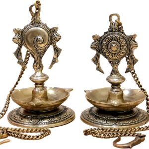 StonKraft - Pair of Brass Hanging Diya, Oil Lamp, Lamp for Home and Office (Hanging Length 25.75")