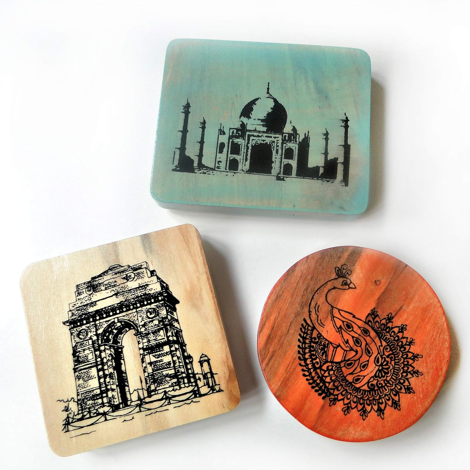 IVEI Wooden Magnets Taj Mahal, India Gate, Peacock Print Fridge Magnet, Innovative Magnets for Home and Kitchen Decoration - Independence Day Gifts (Set of 3)