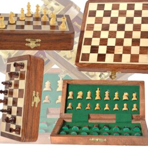 Handmade Wooden Rosewood Foldable Magnetic Chess Game Board with Storage Slots, 7 Inch