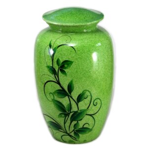 eSplanade Metal Cremation Urn Memorial Jar Pot Container | Full Size Urn for Funeral Ashes Burial | Swirl Leaves Printed Urn | Green - 10" Inches