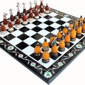 StonKraft Collectible White & Black Marble Chess Board Set + Wooden Brass Crafted Pieces - Pietra Dura Inlay Work - Decorative Stone Chess - Home Decor - 15" Inches