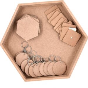 IVEI DIY MDF Hexagon Tray Pack with 6 Coasters, 10 Square Magnets, 10 Circle Keychain