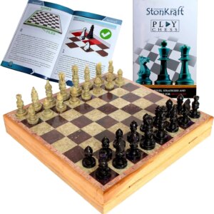 StonKraft Handcarved Chess Board with Wooden Base - Stone Inlaid Work - Chess Game Board Set