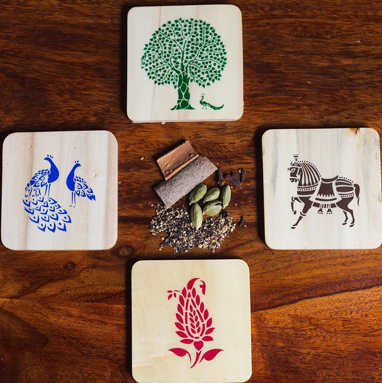 IVEI Sanjhi print wooden coasters set of 4