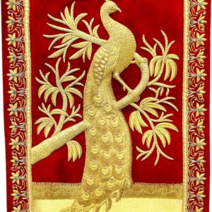 eSplanade Zardozi Jewel Carpet Wall Hangings - Golden Peacock Embroidered Tapestry Zardosi Wall Hanging with Semi-precious stones - 24" x 36" Inches - Red-Golden